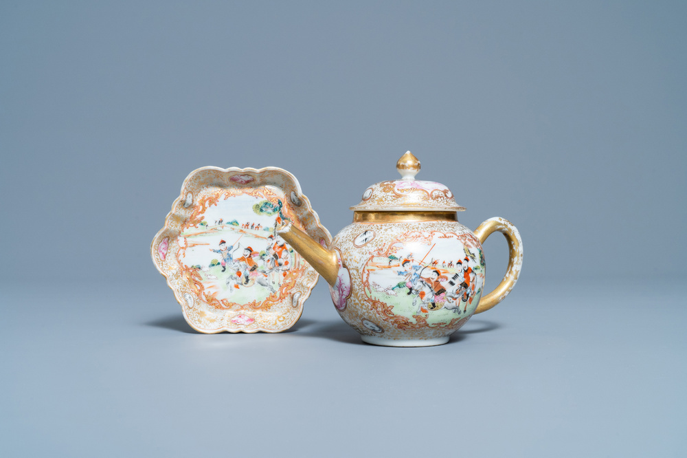A Chinese gilded famille rose 'Mongolian hunt' teapot on stand, Qianlong
